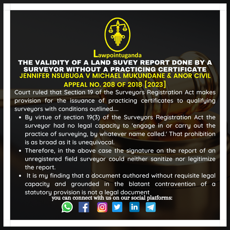 THE VALIDITY OF A LAND SURVEY REPORT DONE BY A SURVEYOR WITHOUT A A PRACTICING CERTIFICATE.

Find full case below👇🏻
linkedin.com/feed/update/ur…
