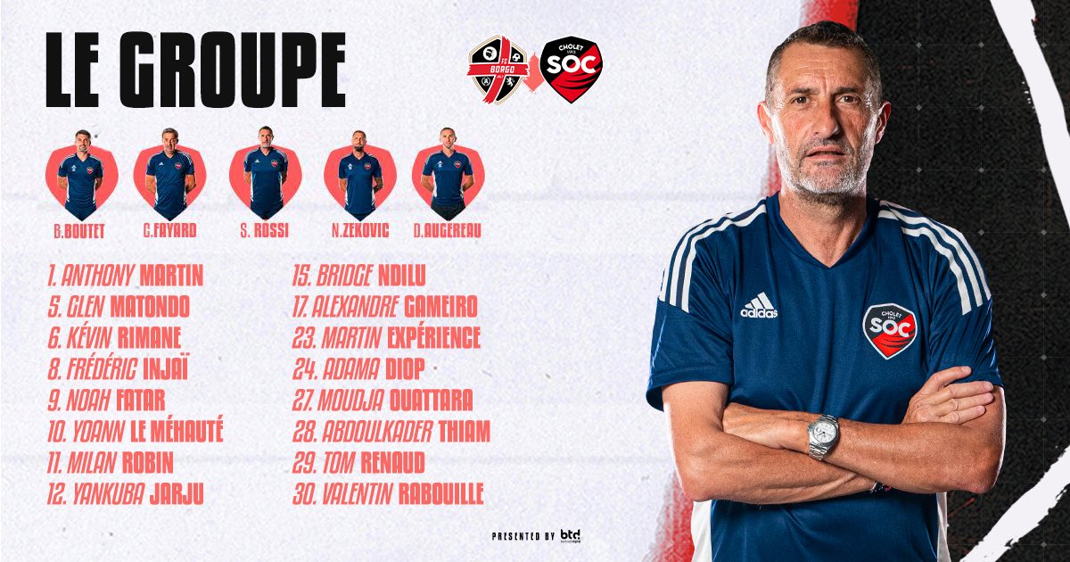 SOCholet's tweet photo. 𝗙𝗖 𝗕𝗼𝗿𝗴𝗼 - 𝗦𝗢 𝗖𝗵𝗼𝗹𝗲𝘁
Voici le groupe Rouge & Noir qui affrontera demain le @fcbastiaborgo ! 🔴⚫️
#FCBSOC | #VibronsEnsemble | #TeamSOC https://t.co/r4LYlSl0Sm