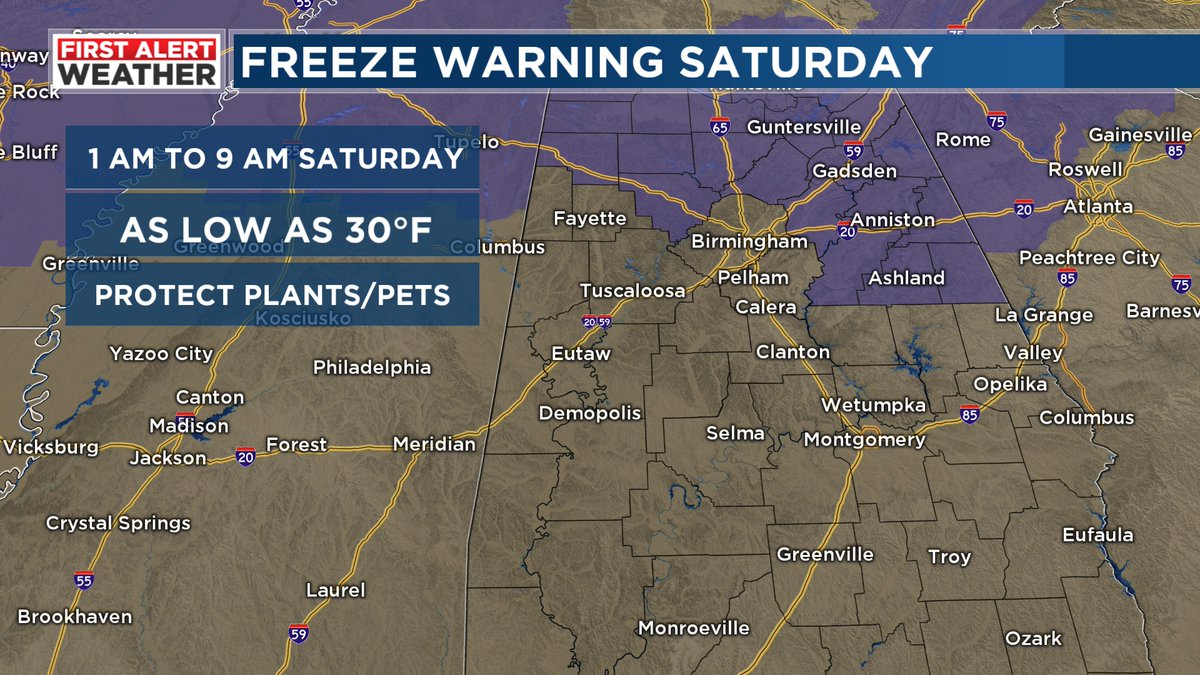weswyattweather's tweet photo. First Alert for a ....COLD SATURDAY MORNING! North and northeast Alabama, bundle up... you will likely see temps below freezing! @wbrcweather @wbrcnews #alwx #coldreturns #coldweekend https://t.co/fRrKOo9M6M