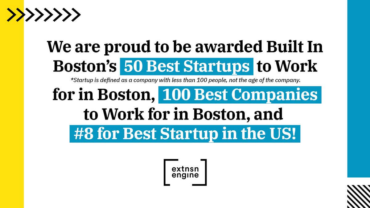 ExtensionEngine's tweet image. We are thrilled to be recognized by #BuiltInBoston as one of the 50 #BestStartups to Work for in Boston, 100 Best Companies to Work for in Boston, and #8 for Best Startup in the US. (Startup is defined by a company with less than 100 people)
Learn more:
extensionengine.com/careers/