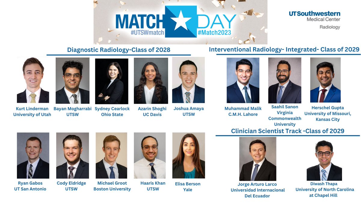 Happy #MatchDay2023! We are so excited to welcome 15 new DR & IR residents including 4 of our own @UTSWNews  students! This is the next chapter in their journey and the next generation of Rads! #radres #radiology @UTSW_RadRes @ivpedrosa @Brewington_UTSW  @KarunaMRaj #MatchDay23