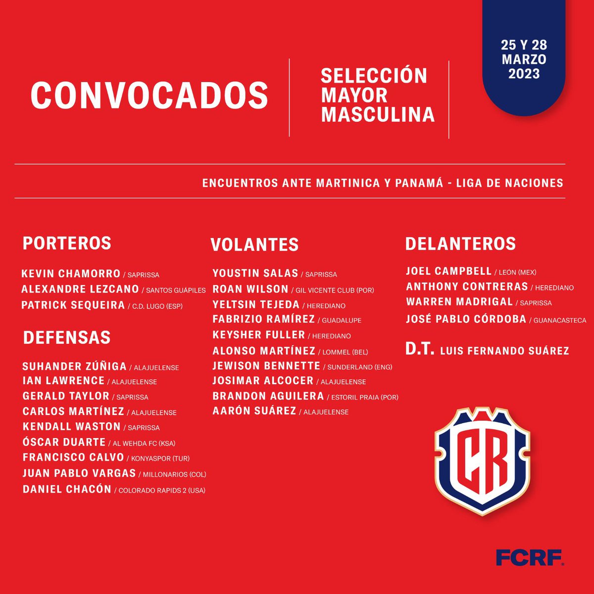 Con estos 26 jugadores nos jugamos el pase a la Copa Oro y la clasificación al Final Four de la Liga de Naciones.
Martinica de visita el sábado 25 y Panamá de local el martes 28.
El goleador del torneo Johan Venegas, el gran ausente de la lista.