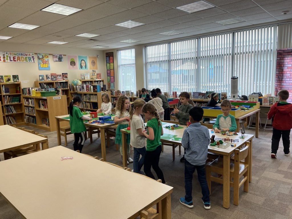 Kindergarten works with legos to build all green today for St. Patrick’s day!