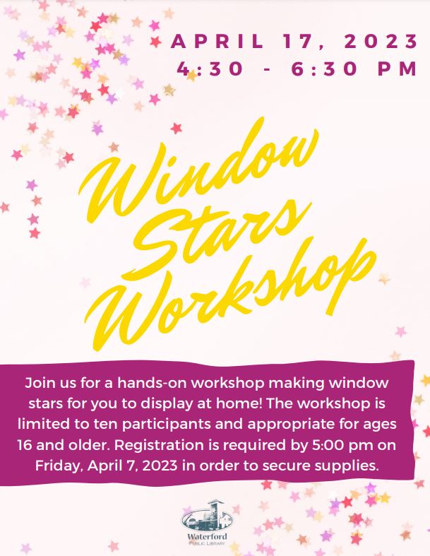 WaterfordPL's tweet photo. Join us for a two-hour workshop making window stars on Monday, April 17 from 4:30 pm – 6:30 pm! Instruction will be provided for making stars from two different designs, which are made of unique, imported kite paper. Registration is required.
#windowstars #LibrariesTransform https://t.co/2HfDiiOco5