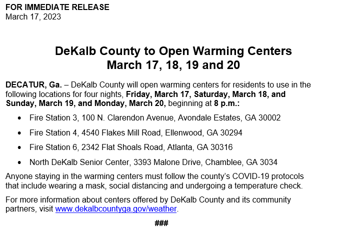 DeKalbCountyEMA's tweet image. Warming center openings have been extended to include Mon., March 20th as well.