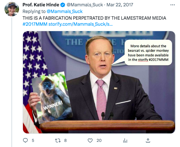Sean Spicer holds up image of Spider Monkey labeled WINNER! while saying "THIS IS A FABRICATION PERPETRATED BY THE LAMESTREAM MEDIA! More details about the bearcat vs. spider monkey have been made available in the storify."