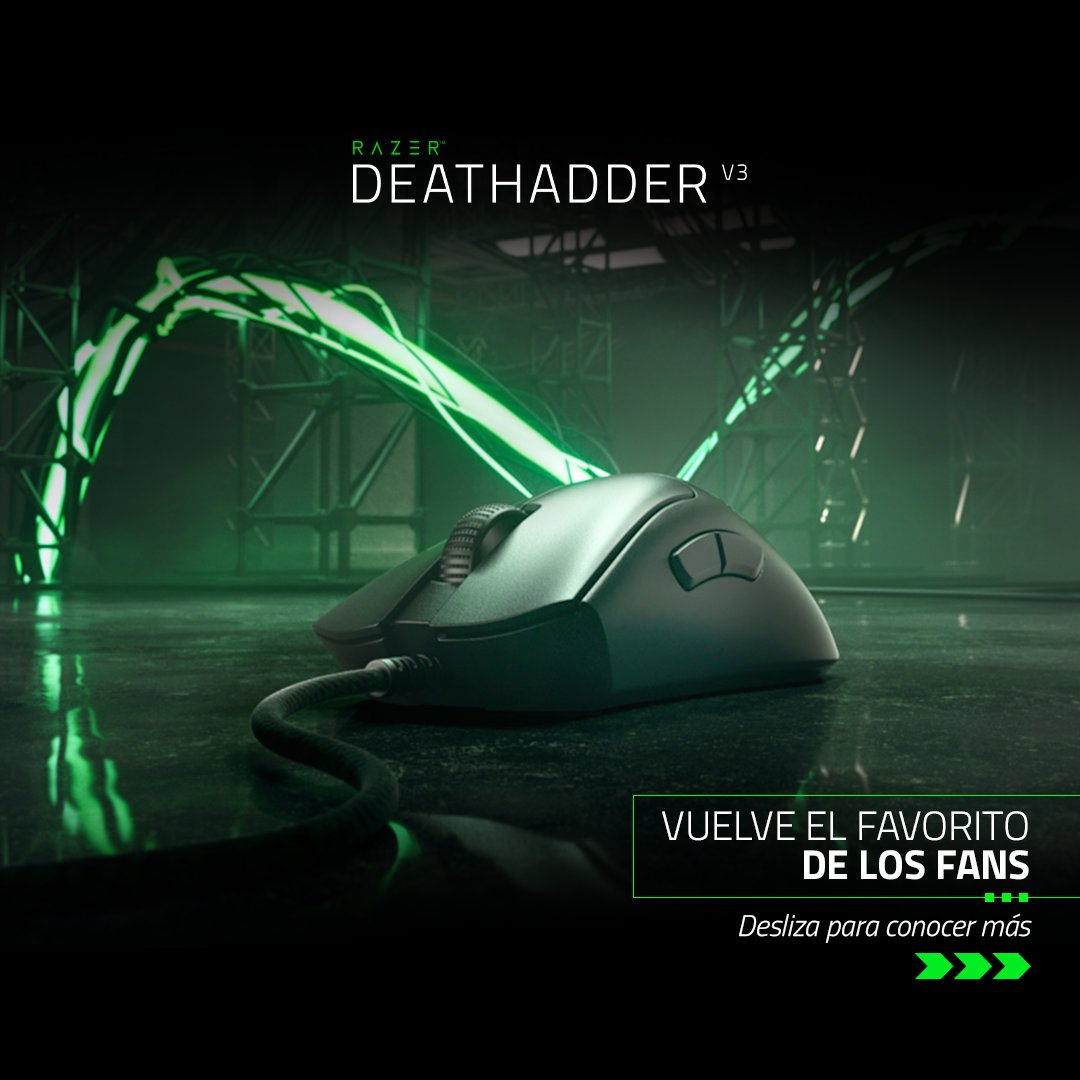 RazerLatino's tweet photo. La victoria renace en el #Razer #DeathAdderV3. Con un diseño mejorado y perfeccionado, redefine lo que es la victoria en cada juego competitivo con uno de los mouse favoritos de todos. 🖱️💚👾 https://t.co/cJ6B9GtkcY