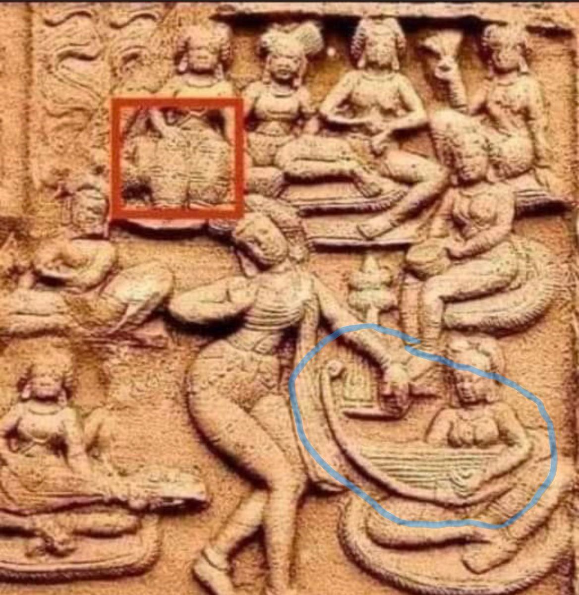What about the instrument circled as blue?

It's unfortunately got extinct in India.

It was vipanchi vīṇā(ancient veena).

It sounded something like the Burmese instrument called 'Saung/Burmese harp' (living descendant of the Gupta era ancient veena). youtu.be/6bgmCdigVNU