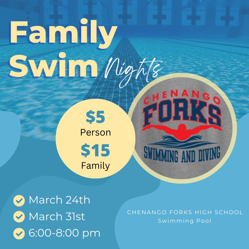 ChenangoForksSD's tweet photo. LAST FAMILY SWIM NIGHT! Our CF Swimming and Diving teams are hosting the last two anticipated Family Swim Nights in our 56-year-old pool! All proceeds go toward equipment for the NEW pool! Come for a great night of swimming, stay for the history! https://t.co/XTi9odLAoE