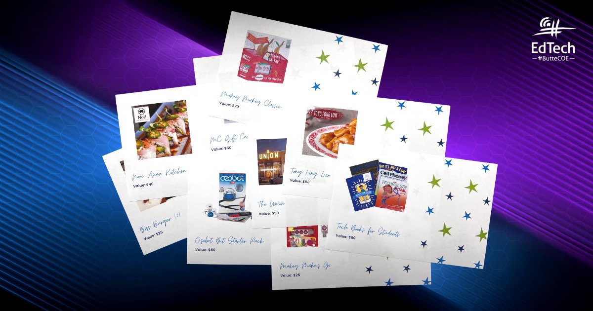 These are just SOME of the amazing raffle prizes awaiting attendees of Monday's Educational Technology Showcase! Be sure you've set your alarm and will be joining us! 

3/20 ➡ 3:00-6:30 PM (drop-in)

Register at bit.ly/edtech-pd! #ButteCOE