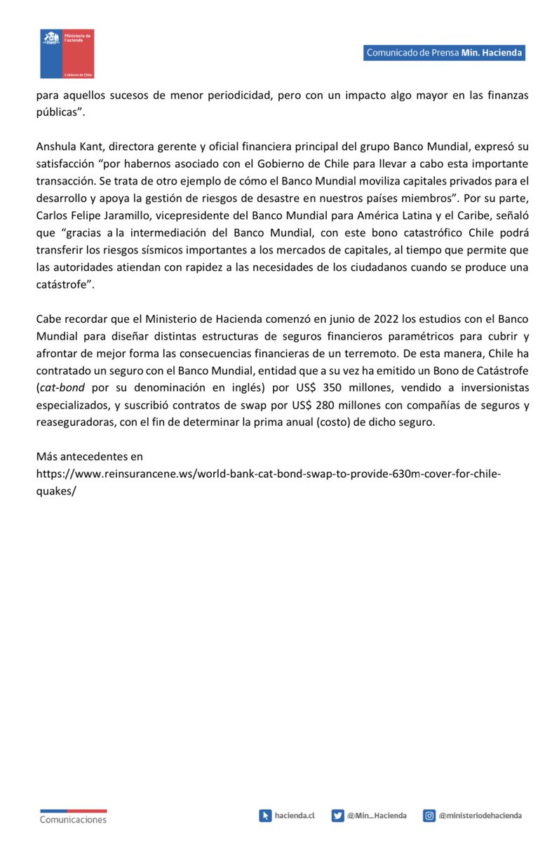 N_PrensaCL's tweet photo. 🔴 [COMUNICADO] Ministerio de Hacienda finaliza contratación de seguro contra terremotos por US$ 630 millones con el Banco Mundial. https://t.co/3jyZuNfqP0