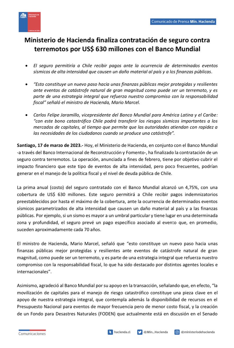 N_PrensaCL's tweet photo. 🔴 [COMUNICADO] Ministerio de Hacienda finaliza contratación de seguro contra terremotos por US$ 630 millones con el Banco Mundial. https://t.co/3jyZuNfqP0