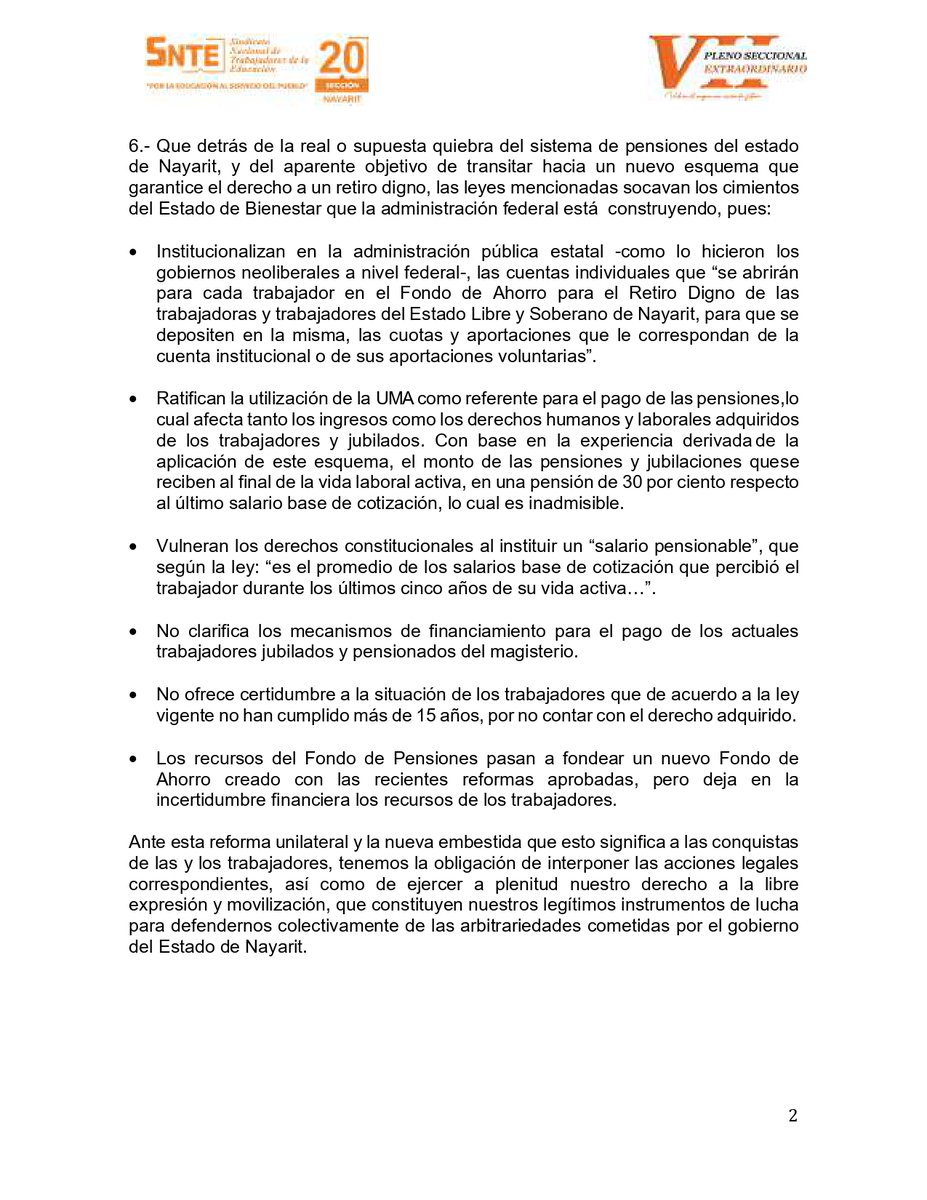 snte20nayarit's tweet photo. Con relación a las iniciativas de Ley del Fondo de Ahorro para el Retiro Digno de las Trabajadoras y Trabajadores, y de Ley de Fondo Soberano Nuevo Nayarit, aprobadas el pasado 14 de marzo por el Congreso del Estado, el SNTE MANIFIESTA https://t.co/gU2uBQwbYQ