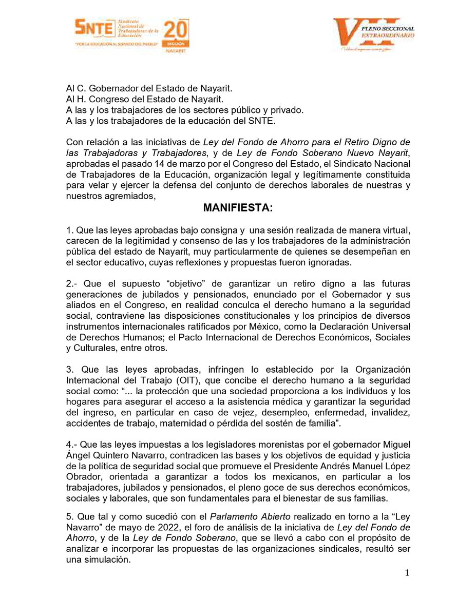 snte20nayarit's tweet photo. Con relación a las iniciativas de Ley del Fondo de Ahorro para el Retiro Digno de las Trabajadoras y Trabajadores, y de Ley de Fondo Soberano Nuevo Nayarit, aprobadas el pasado 14 de marzo por el Congreso del Estado, el SNTE MANIFIESTA https://t.co/gU2uBQwbYQ