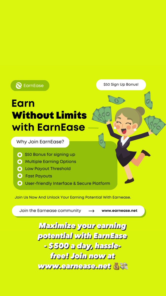 kwiththebbc's tweet photo. Maximize your earnings with ease using EarnEase! Make $500 daily without stress. With EarnEase, you can be your own boss and earn as much as you want💰 💸Sign up now and get $50 just for joining 🔥 https://t.co/QVATo7dclo
#earnease #moneymaking #success #goals https://t.co/VCTH91S4Z4