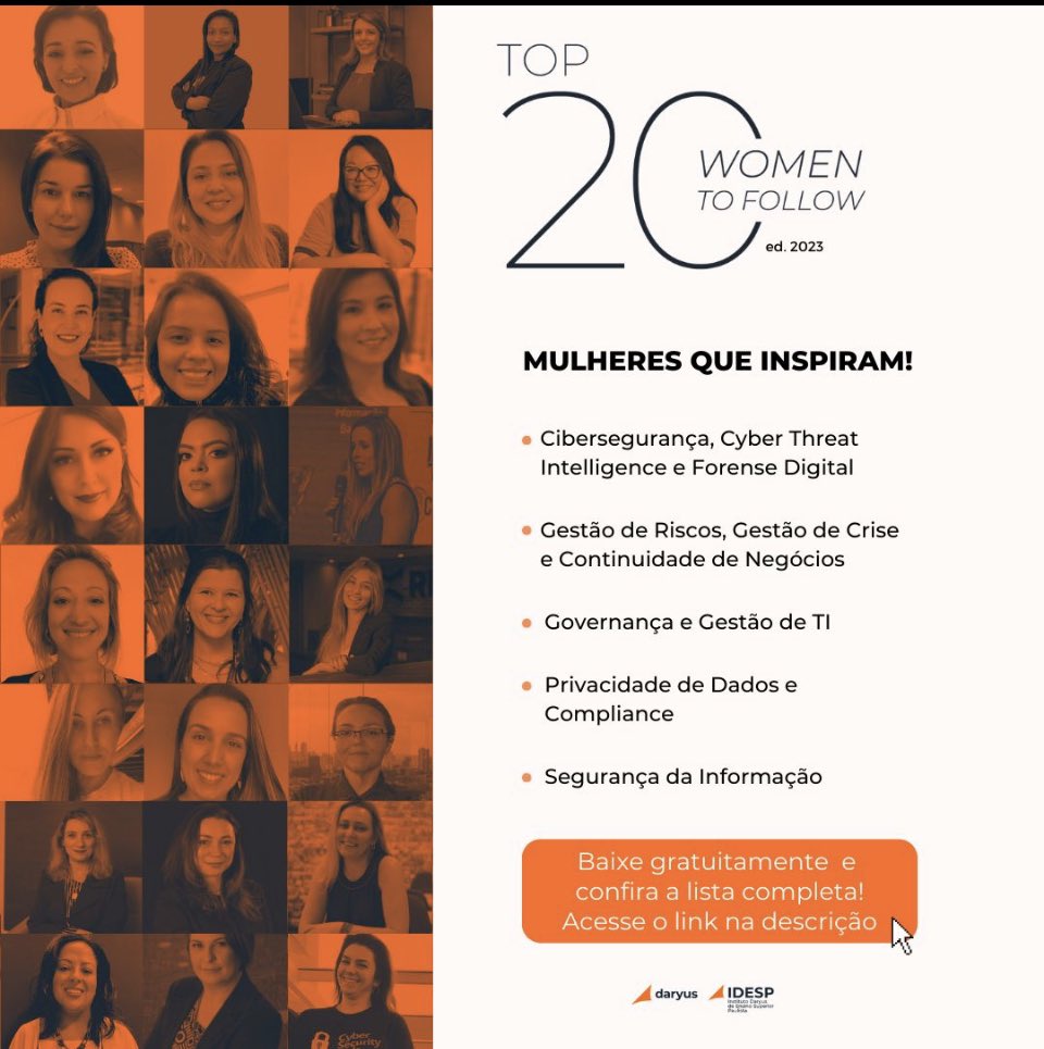 AndreaThomeGRCI's tweet image. Reconhecimento pelo segundo ano consecutivo na publicação das TOP 20 WOMEN TO FOLLOW da @DARYUSBR e IDESP, ao lado de mulheres brilhantes.
Vide whitepaper: materiais.daryus.com.br/top-20-women-t…

#womcy #eusouwomcy #daryus #idesp #cybersecurity #gestãoderiscos #top20womentofollow