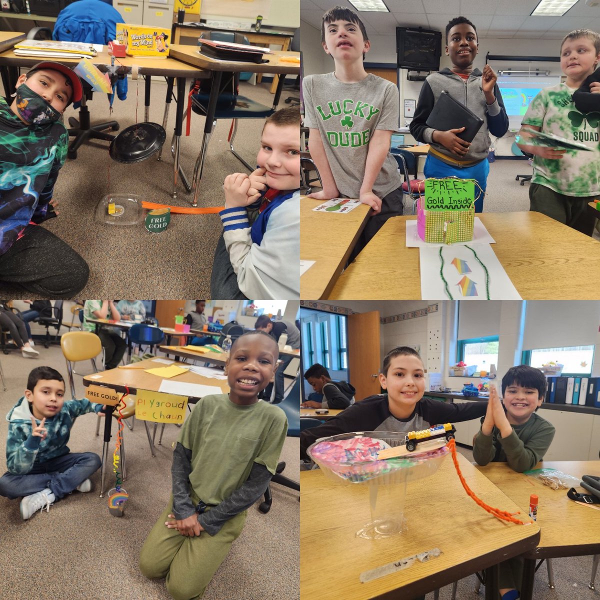 MrsMathewsILC's tweet photo. Today we got into some mischief and made some leprechaun traps! Each group was required to incorporate a simple machine into their trap since we've been learning about them. Unfortunately, we didn't trap one but they left us some fun treats! @CMSPrincipal1 @cms_grizzlies https://t.co/x5zkjTq9lw