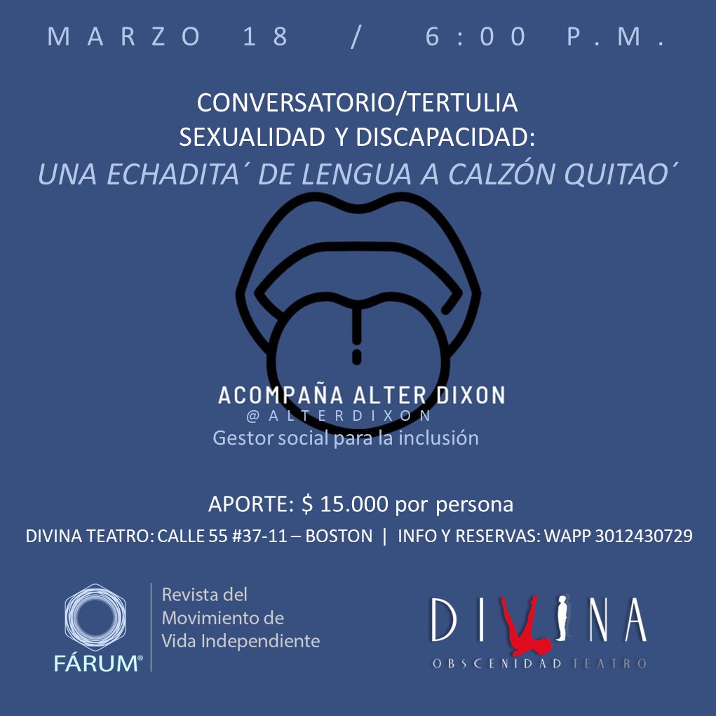 Una echadita de lengua a calzón quitao, un conversatorio sobre la vida sexual de las personas con discapacidad como derecho.
De lo que no se habla, no existe; y si existe, entonces no se puede seguir ignorando discriminando y violentando. De esto sí se tiene que hablar.#Inclusión