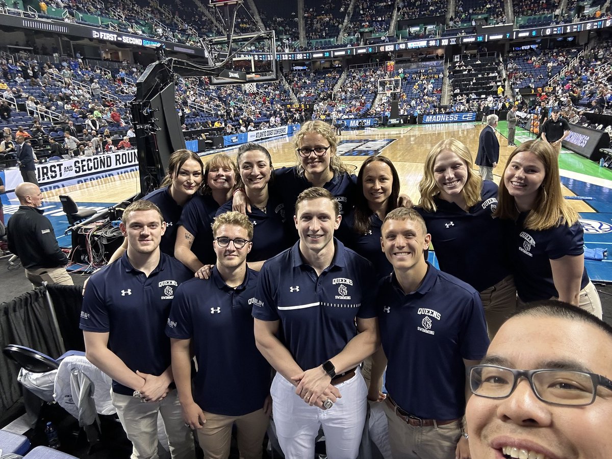 ASUN_Swim_Dive's tweet photo. Some of the CSCAA National Invitational Champions @Queens_Swimming made the trip to Greensboro, N.C. to be recognized during halftime of the #MarchMadness  First Round game featuring Kennesaw State and Xavier

#CCSASD | #GoRoyals | @QueensAthletics https://t.co/ghS05TtG3L