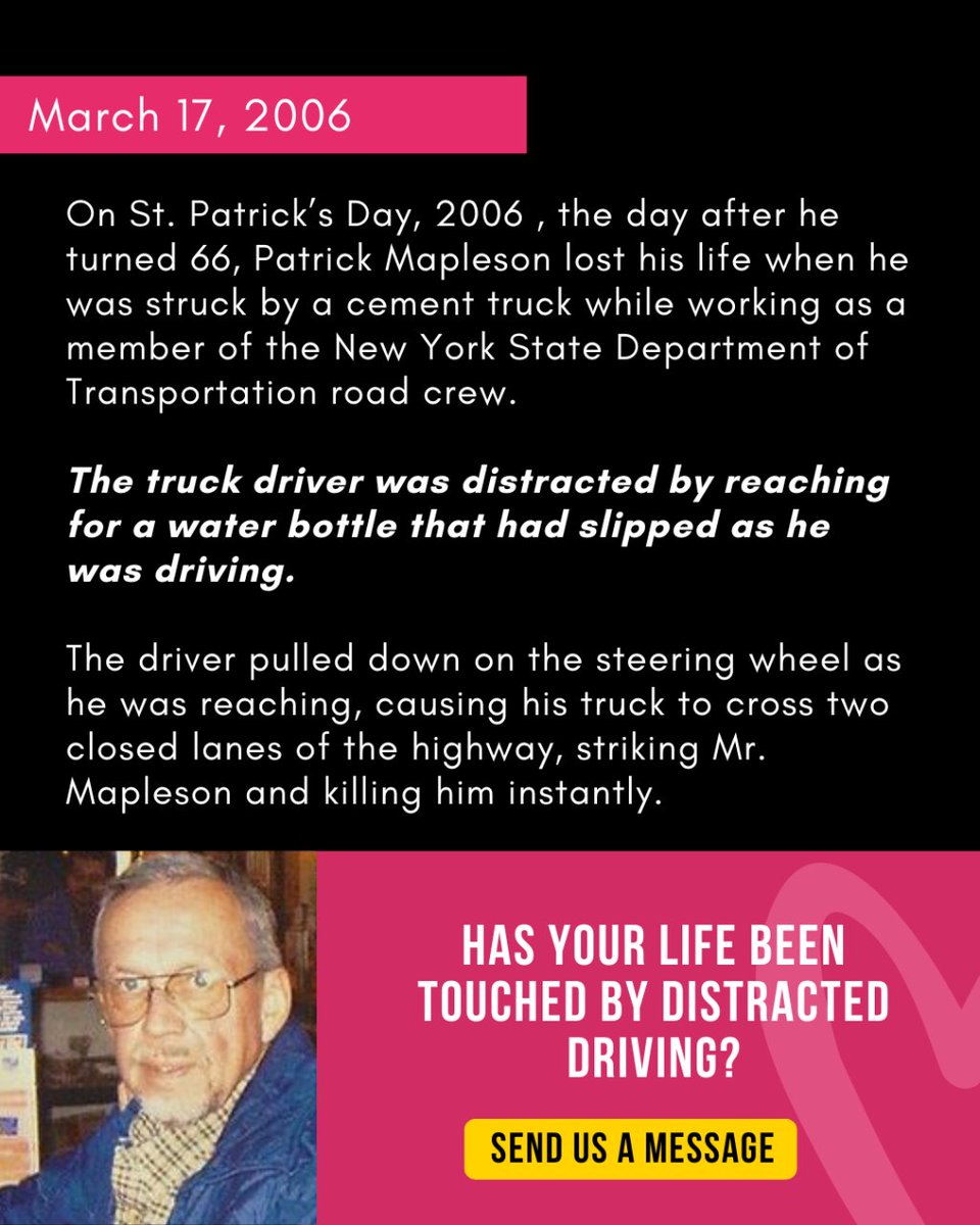 Safe_Roads's tweet image. RT end_dd: His daughter, Karen Mapleson Torres, has created “ALL4UDAD- A Texting/Distracted Driving Awareness Program” and speaks throughout NY in the hopes of avoiding further tragedies. i.mtr.cool/wnkufmhybn

#reallives #gonetoosoon #facesofdistract…