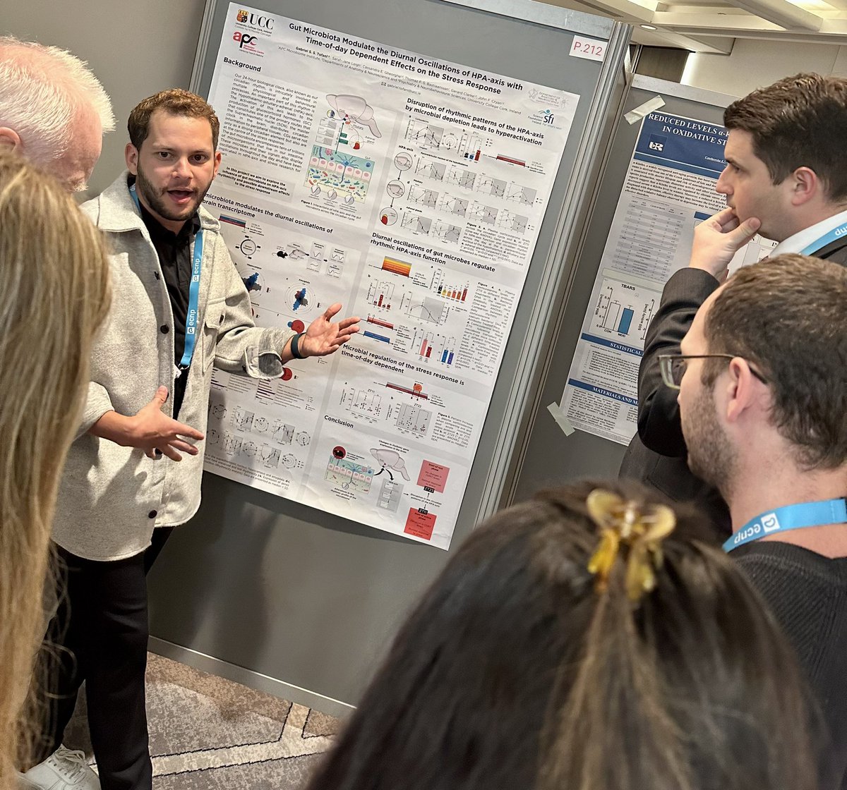 jfcryan's tweet image. PhD student @gabriel_tofani holding court at his poster @ECNPtweets Young Scientist Workshop in Nice  #ecnpws2023 #cryanlab