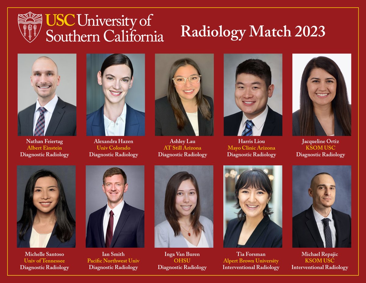 Excited to share our #Match2023 recipients, and to welcome them to @USC_Rads! 🙌♥️✌️ #FightOn

So fortunate to witness an exciting gender shift within this Match, reaffirming our commitment to promoting and keeping a diverse and inclusive workplace. #DEI #HeathEquity