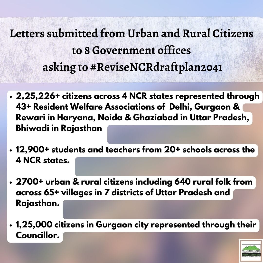 Youth4Aravallis's tweet photo. In 2022 letters representing 240000+ citizens across all 4 NCR states asking to #ReviseNCRdraftplan2041 have been submitted to 8 govt offices
@PMOIndia @moefcc @byadavbjp @HardeepSPuri @Secretary_MoHUA @ncrpb @CMODelhi @cmohry @CMOfficeUP @RajCMO #AravalliUnderThreat #SaveNCR https://t.co/AyMVxB4qcd