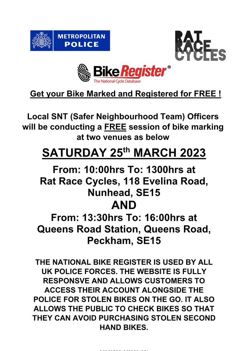 Peter D Holmes (@pdh100100) on Twitter photo Get your bike marked & registered for FREE in Nunhead and Peckham, Saturday 25/03/2023.
PLS RT.. <a href="/avrilajones/">Avril Jones</a> <a href="/ratracecycles/">Pete,Rat Race Cycles</a> <a href="/ketracommunity/">Kingswood Estate T.R.A</a> <a href="/ManorEstateTRA/">Manor Estate TRA</a> <a href="/bellsgardenstra/">Bells Gardens T&RA</a> <a href="/MPSRyeLane/">Rye Lane Police</a> <a href="/MPSChaucer/">Chaucer Police</a> <a href="/Altheasmith14/">Althea smith</a> <a href="/JenniferChelley/">Jennifer Quinton Chelley</a> <a href="/Hollydale_PTA/">Friends of Hollydale</a> <a href="/SouthwarkYAs/">SouthwarkYA's 💙</a> Get your bike marked & registered for FREE in Nunhead and Peckham, Saturday 25/03/2023.
PLS RT.. <a href="/avrilajones/">Avril Jones</a> <a href="/ratracecycles/">Pete,Rat Race Cycles</a> <a href="/ketracommunity/">Kingswood Estate T.R.A</a> <a href="/ManorEstateTRA/">Manor Estate TRA</a> <a href="/bellsgardenstra/">Bells Gardens T&RA</a> <a href="/MPSRyeLane/">Rye Lane Police</a> <a href="/MPSChaucer/">Chaucer Police</a> <a href="/Altheasmith14/">Althea smith</a> <a href="/JenniferChelley/">Jennifer Quinton Chelley</a> <a href="/Hollydale_PTA/">Friends of Hollydale</a> <a href="/SouthwarkYAs/">SouthwarkYA's 💙</a>