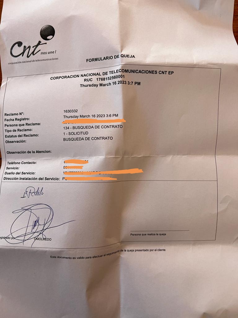 <a href="/cnt/">cnt</a> Fui a sus oficinas porque Jamás he contratado ese servicio, pedí los supuestos contratos y me dijeron que demoran 8 días, si en 8 días no están son 8 días más. Que debía $125 y que no era de telefonía, ahora resulta que es de Internet. Solicité los contratos, y...