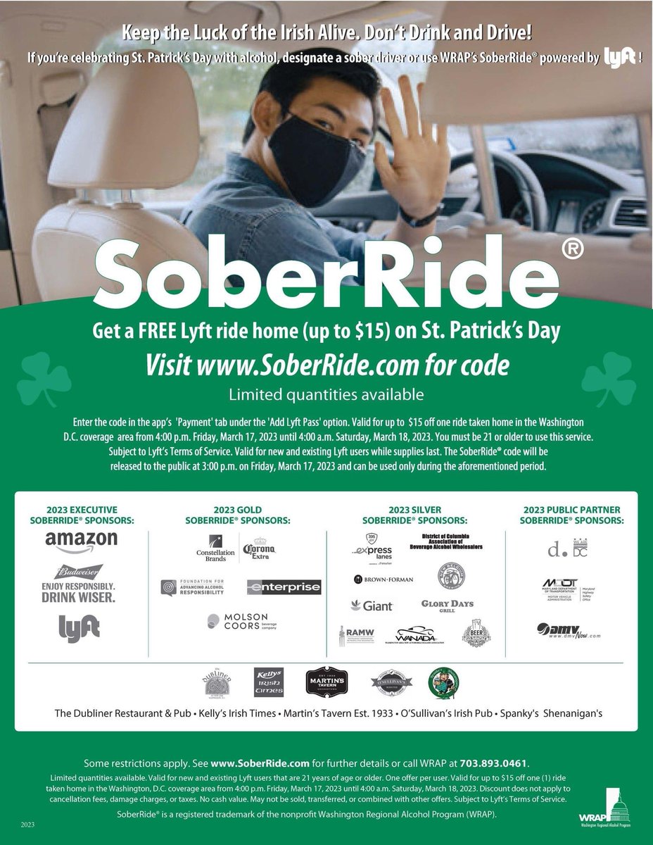 Happy St. Patrick's Day! ☘️☘️
If you're celebrating, please drive sober--
Use the $15 Lyft credit to get home safely. ☘️
#SoberRide code to be posted at 3:00 pm at SoberRide.com
Resources:
montgomerycountymd.gov/visionzero/saf…