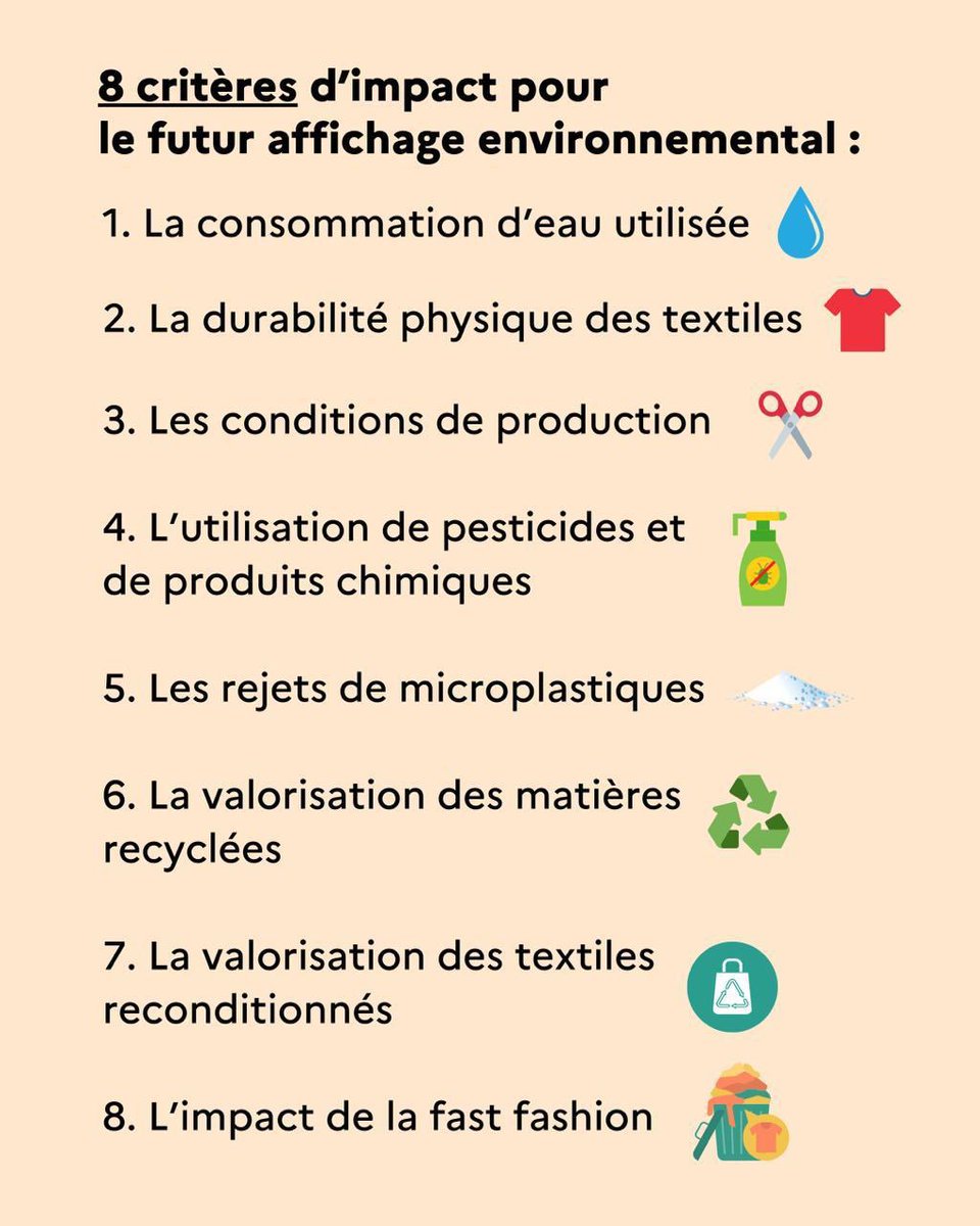 BCouillard33's tweet image. 8️⃣critères d’impact environnemental vont être approfondis dans les prochaines semaines pour nourrir la méthode de calcul de l’#ecoscore pour les textiles ⬇️