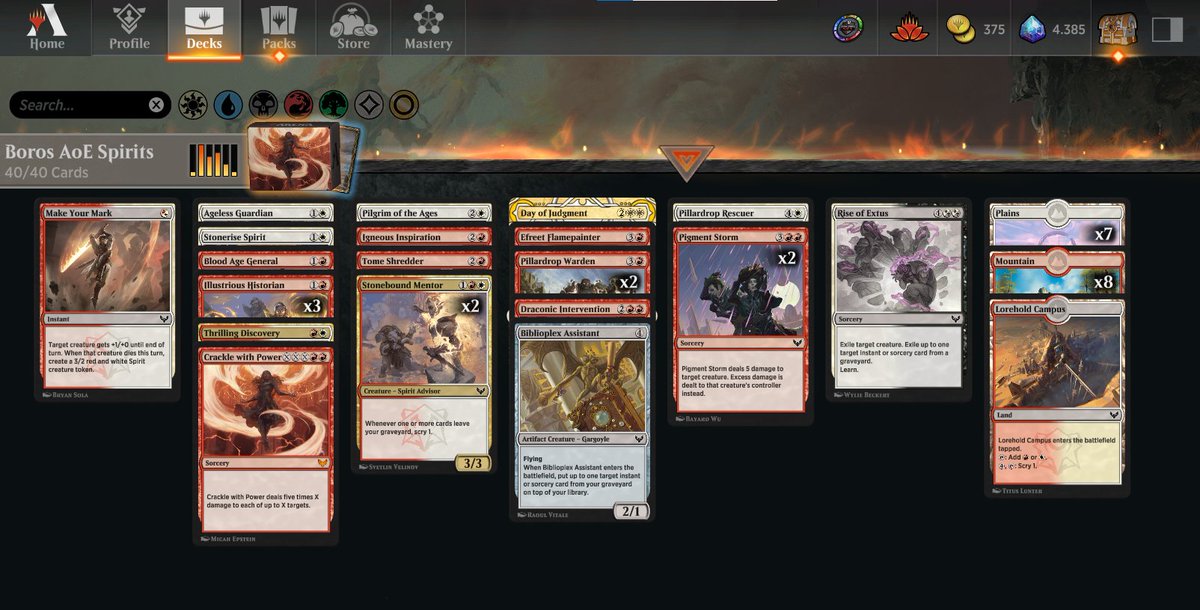 9º🏆 Troféu de Strixhaven
Boros AoE Spirits 7-1

Tentando extrair ao máximo as limpezas de campo para gerar valor e atropelar o adversário criando vantagens de cartas em conjunto com o cemitério.

#mtg #mtga #magicthegathering #magicarena
