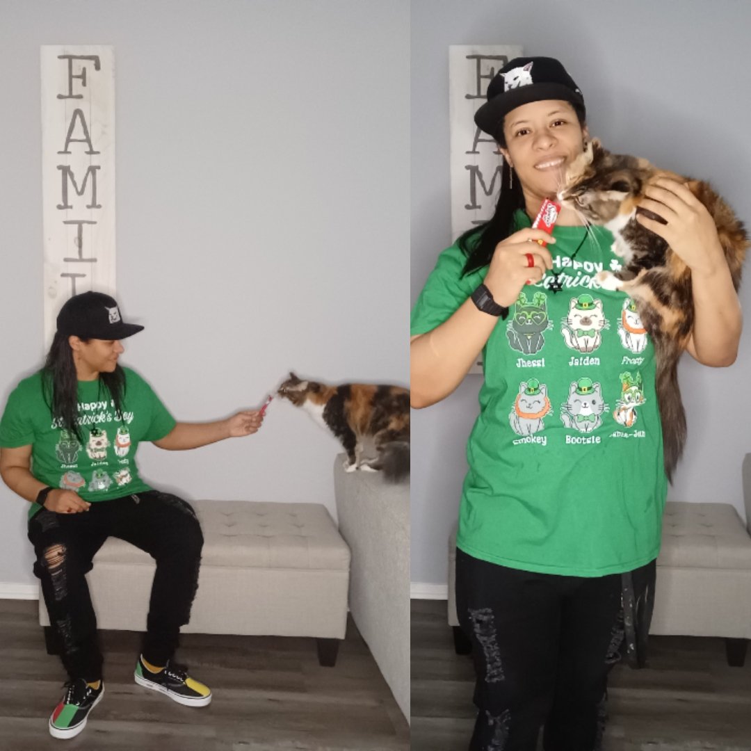 TheyThumper's tweet photo. #StPatricksDay2023 w/Jamie-Jean, Smokey & Bootsie. Here's another shirt I bought a few years ago from @TeeTurtleHQ with my favorite hat by @SmudgeLord and some @Vans @vansskate of course I had to give zee kitty's some #Squeezeup treats from @HartzPets #Delectables #StCatricksDay https://t.co/fbTS1Qf34m