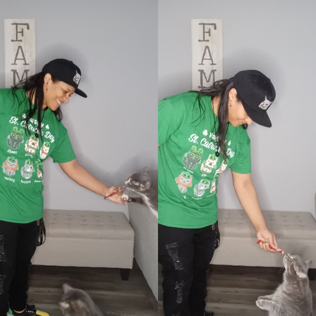 TheyThumper's tweet photo. #StPatricksDay2023 w/Jamie-Jean, Smokey & Bootsie. Here's another shirt I bought a few years ago from @TeeTurtleHQ with my favorite hat by @SmudgeLord and some @Vans @vansskate of course I had to give zee kitty's some #Squeezeup treats from @HartzPets #Delectables #StCatricksDay https://t.co/fbTS1Qf34m