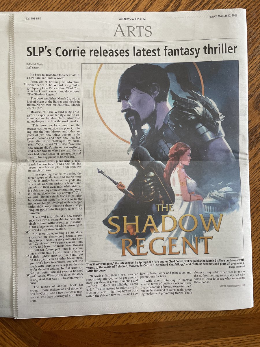 CreatorChad's tweet image. And the #ReleaseWeekend continues with a full page #writeup for The Shadow Regent in the local paper. Thanks to ABC Newspapers for including the book and tour information in this week's publication. 

You can find the digital version here: hometownsource.com/abc_newspapers…
