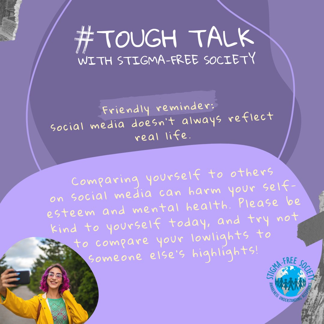 StigmaFreeMH's tweet photo. Friendly reminder: social media doesn’t always reflect real life. If you find yourself scrolling and thinking, “Why does everyone else seem okay when I’m struggling?” Know this probably isn’t the case. Chances are those people who seem happy all the time have hardships just like you and choose not to share them online. Comparing yourself to others on social media can harm your self-esteem and mental health. Please be kind to yourself today and try not to compare your lowlights to someone else’s highlights!