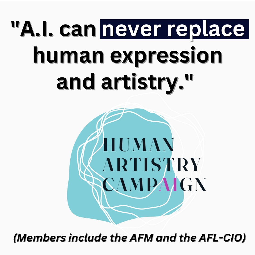Local_802_AFM's tweet photo. MUSICIANS: A.I. can never replace human expression and artistry! Check out the @human_artistry campaign. Members include @The_AFM , @AFLCIO  and @MusicWorkers ! #LiveMusic #UnionMusic #UnionMusicians #HumanMusic https://t.co/qMolD86P00