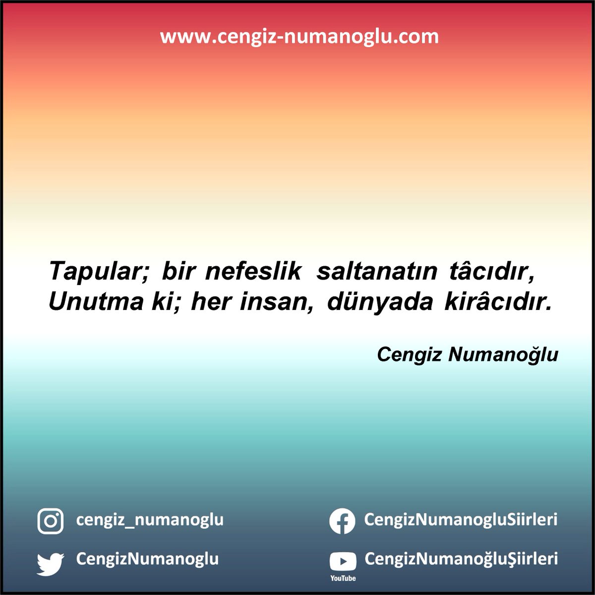 CengizNumanoglu's tweet photo. Tapular; bir nefeslik saltanatın tâcıdır,
Unutma ki her insan, dünyada kirâcıdır.

şairin bütün beyitleri :
https://t.co/6dP5WWt875

https://t.co/Re31gqgWMB
https://t.co/yl8896f0TU
https://t.co/yFrNVXGGZz https://t.co/GZXtaP3kbK