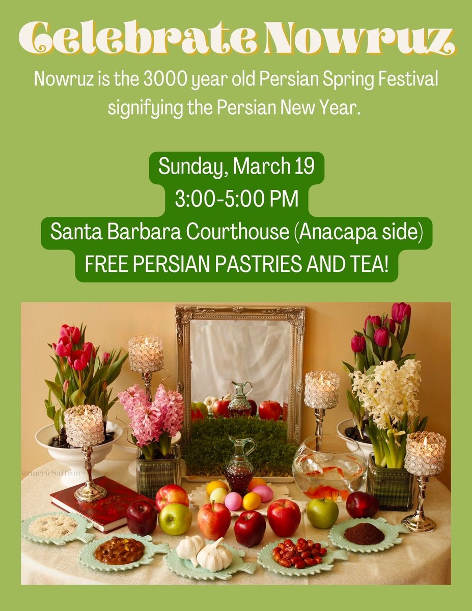 PersianUCSB's tweet photo. Persian Language and Literature at UCSB celebrate Nowrooz in Santa Barbara. 
Sunday, March 19, 3:00-5:00 at SB courthouse.
A Traditional Nowrooz table will be displayed. World Dance for Humanity joins us in performing dances to bring visibility and awareness to Iranian culture. https://t.co/CpoWADkZgk