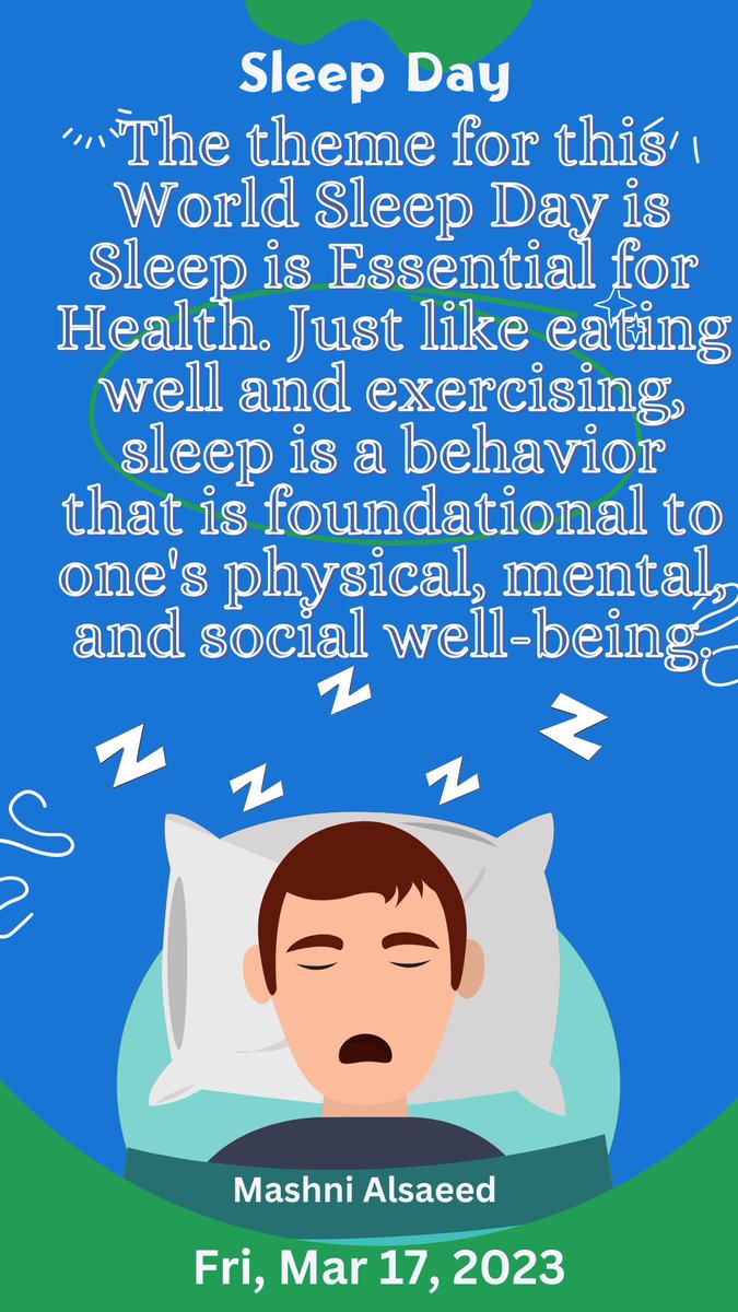 Sleep Day 2023 

Sleep is Essential for Health

#النوم #WorldSleepDay #HealthySleepHabits #SleepWellness #SleepHealth #HealthyLifestyle #SleepAwareness #SleepAwarenessWeek