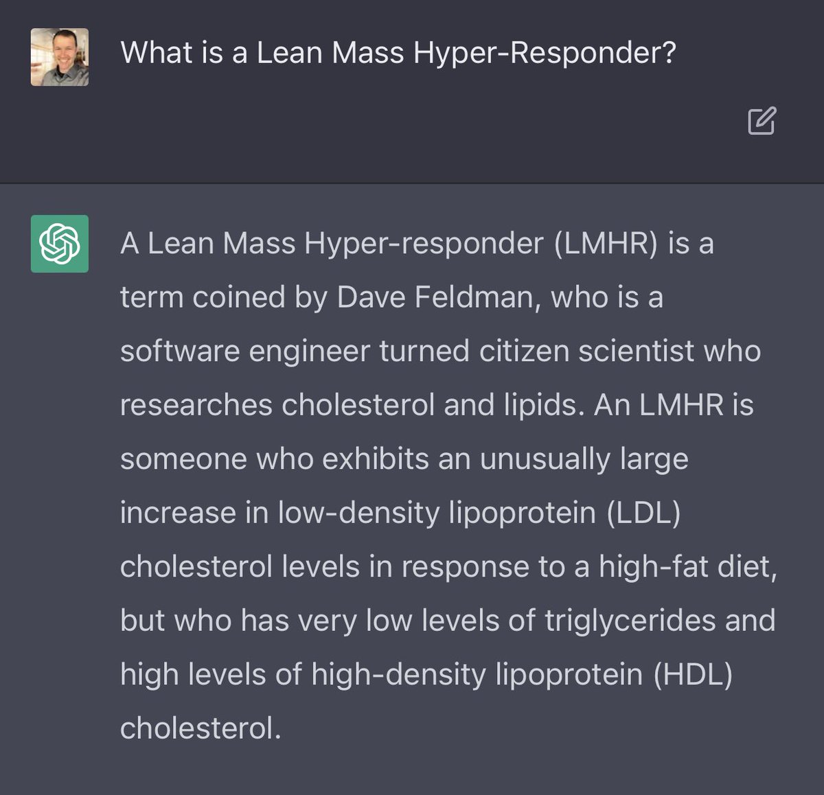 realDaveFeldman's tweet image. Latest answer from #ChatGPT on #LMHR isn’t perfect, but impressively close… 

“What is a Lean Mass Hyper-Responder?”