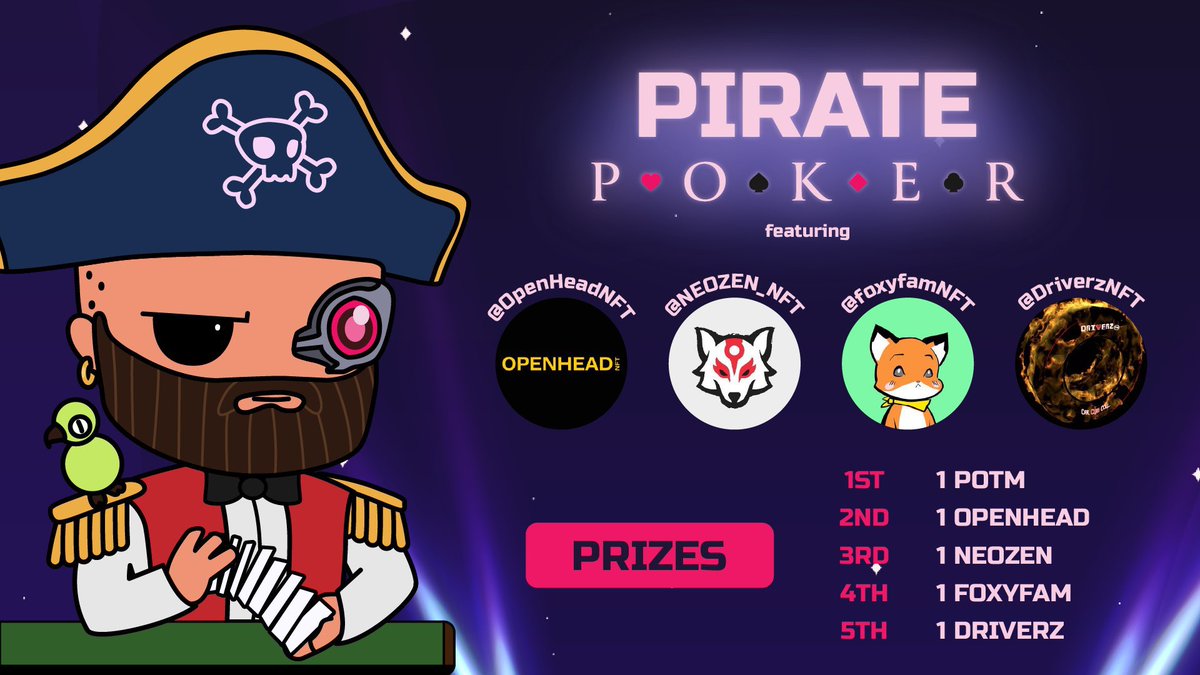 Pirate Poker Tonight ♥️♣️♦️♠️

Join us &amp; @DriverzNFT - <a href="/OpenHeadNFT/">OpenHeadNFT</a> - <a href="/foxyfamNFT/">Punkist</a> <a href="/NEOZEN_NFT/">NEOZEN (ネオゼン)</a> - @ 8 pm EST for Pirate Poker ! 

To join: preview.page.link/play.clubgg.ne…

Club ID: 100893

Winners should open a ticket in the Pirates discord - make sure to register w/ your Discord ID !