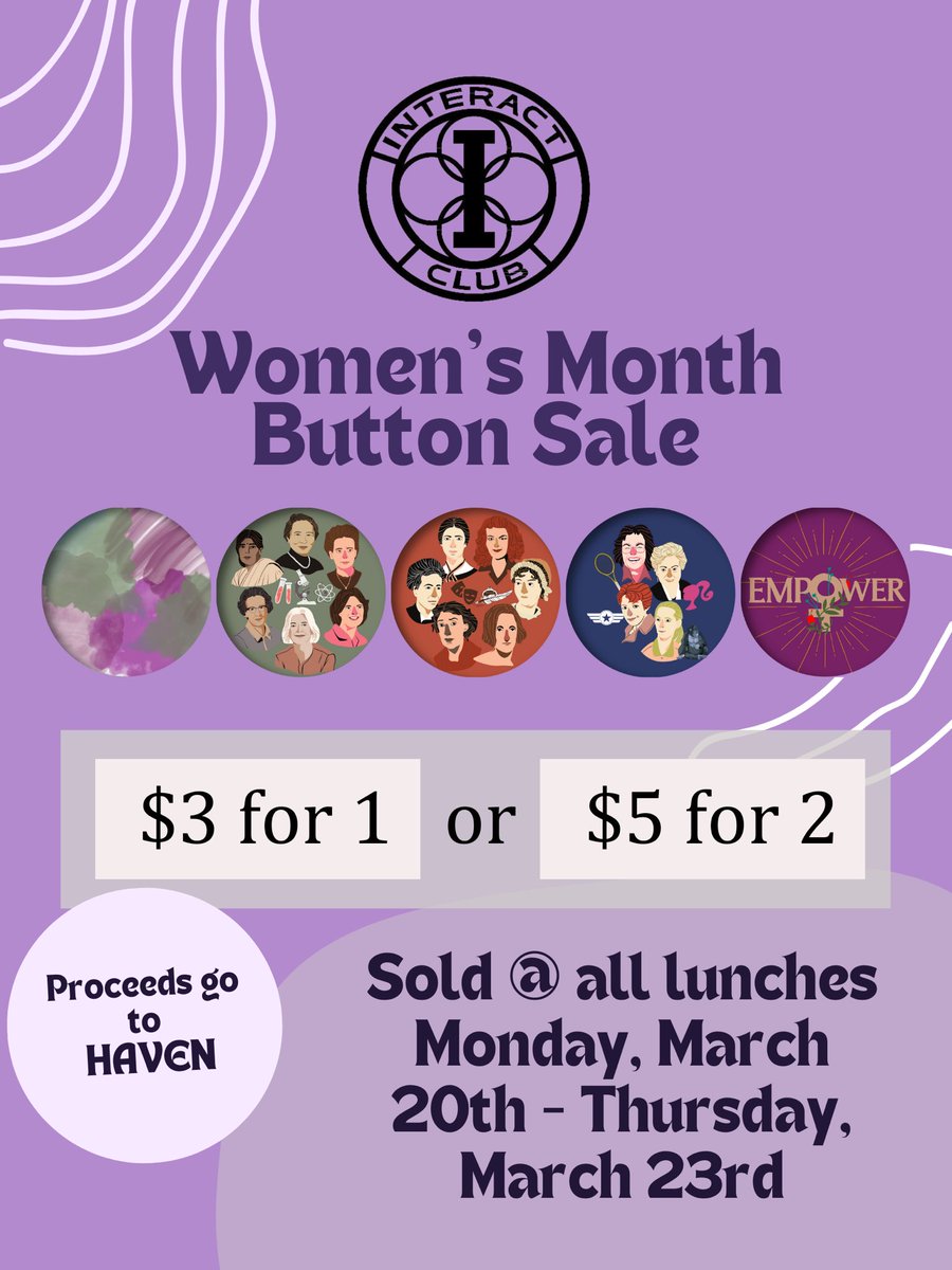 Come buy pins at lunch tomorrow or next week &amp; help support HAVEN for women’s month!