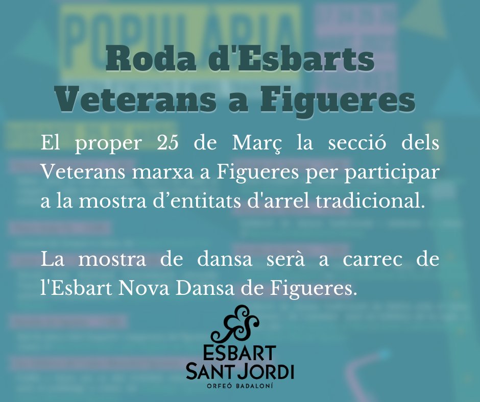🎉 AGENDA 🎉

El 25/03 el grup de Veterans marxa a Figueres per participar a la mostra d’entitats d'arrel tradicional juntament amb l'Esbart Nova Dansa de Figueres

📆 Dissabte 25 de Març 
🕑 17:30h
📍Rambla de Figueres (Girona)
🎟️ Accés lliure (exterior)

#EsbartSantJordiBDN