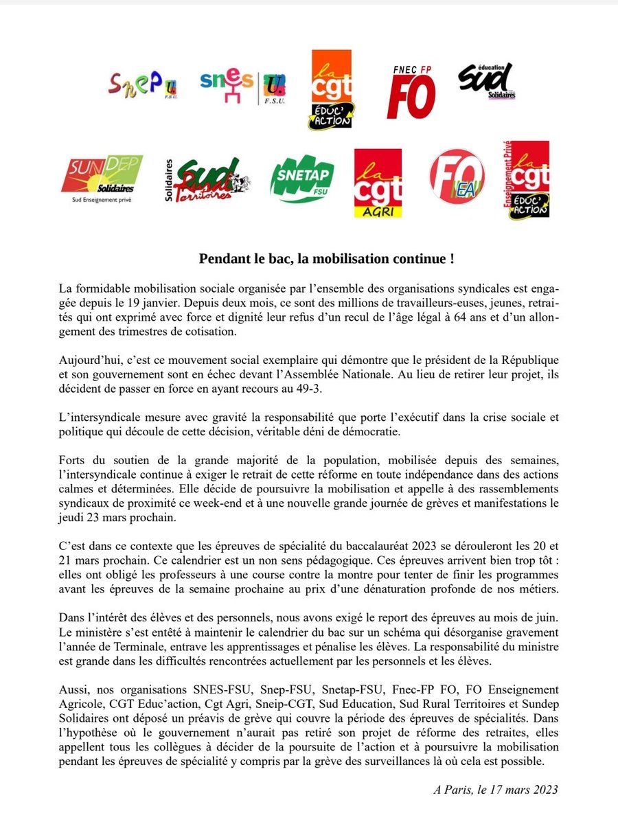 Pendant le bac, la mobilisation continue! Communiqué de l'intersyndicale de l'Education. #Greve20et21mars #CGT