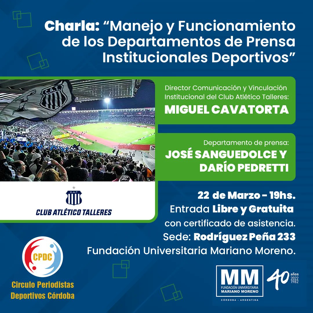 📣 Charla: "Manejo y Funcionamiento de los Departamentos de Prensa Institucionales Deportivos".

📆 Miércoles 22 de marzo a las 19 hs en el SUM de la Fundación Universitaria Mariano Moreno.

📲 Info 👉 buff.ly/3Jsxsev