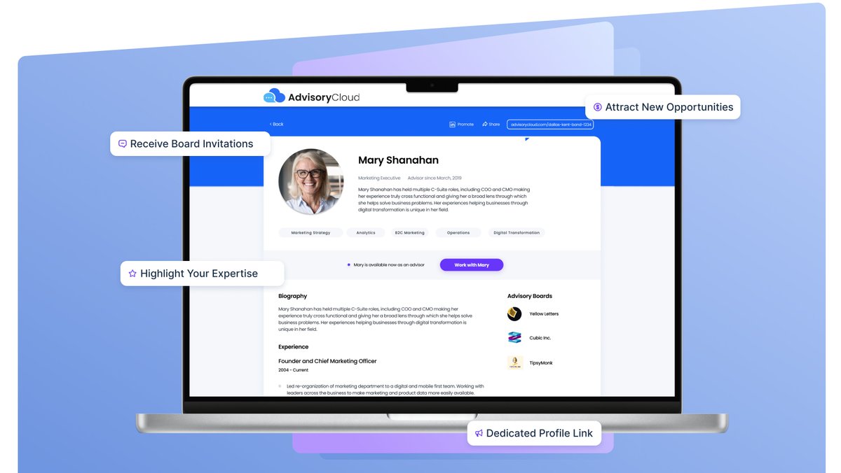 advisory_cloud's tweet photo. 🚀Ready to take your career to new heights? Create an Advisor Profile on AdvisoryCloud to showcase your expertise, enhance your online presence, and connect with new opportunities! Read our blog post for more insights. #AdvisoryCloud #CareerAdvancement https://t.co/lJaZnvYZ2p https://t.co/HWVTBLgY4N