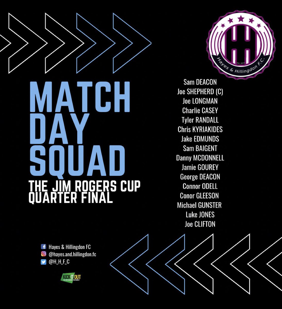 H_H_F_C's tweet photo. Our squad for tomorrow’s quarter final 💪🏼⚽️

@swirles_barbers @Southbournees @RichingsSports 

#HHFC #morethanafootballclub #hayes&amp;hillingdonfc #matchsquad #squad #team #quarterfinals #cupgame #middlesexcounty #middxfa 

💜🖤 https://t.co/TXJ21ewaUV