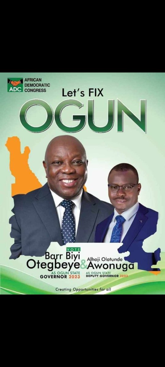 Boda Ayo (@disasings) on Twitter photo OGUN STATE COME OUT TOMORROW AND VOTE FOR ADC...VOTE FOR THE BETTERMENT OF OGUN STATE...VOTE BIYI OTEGBEYE TO DELIVER OGUN STATE...VOTE ADC FOR OGUN STATE.
<a href="/AdcOgunState/">African Democratic Congress (ADC)</a> <a href="/saymooresimple/">Chukwu Simon</a> <a href="/HelenMorayo/">Helen Morayo</a> <a href="/BiyiOtegbeye/">Biyi Otegbeye (BOT)</a> <a href="/BIYIOTEGBEYE4G1/">BIYI OTEGBEYE4GOVERNOR</a> <a href="/BOTCampaignOrg/">Biyi Otegbeye Campaign Organization</a> OGUN STATE COME OUT TOMORROW AND VOTE FOR ADC...VOTE FOR THE BETTERMENT OF OGUN STATE...VOTE BIYI OTEGBEYE TO DELIVER OGUN STATE...VOTE ADC FOR OGUN STATE.
<a href="/AdcOgunState/">African Democratic Congress (ADC)</a> <a href="/saymooresimple/">Chukwu Simon</a> <a href="/HelenMorayo/">Helen Morayo</a> <a href="/BiyiOtegbeye/">Biyi Otegbeye (BOT)</a> <a href="/BIYIOTEGBEYE4G1/">BIYI OTEGBEYE4GOVERNOR</a> <a href="/BOTCampaignOrg/">Biyi Otegbeye Campaign Organization</a>