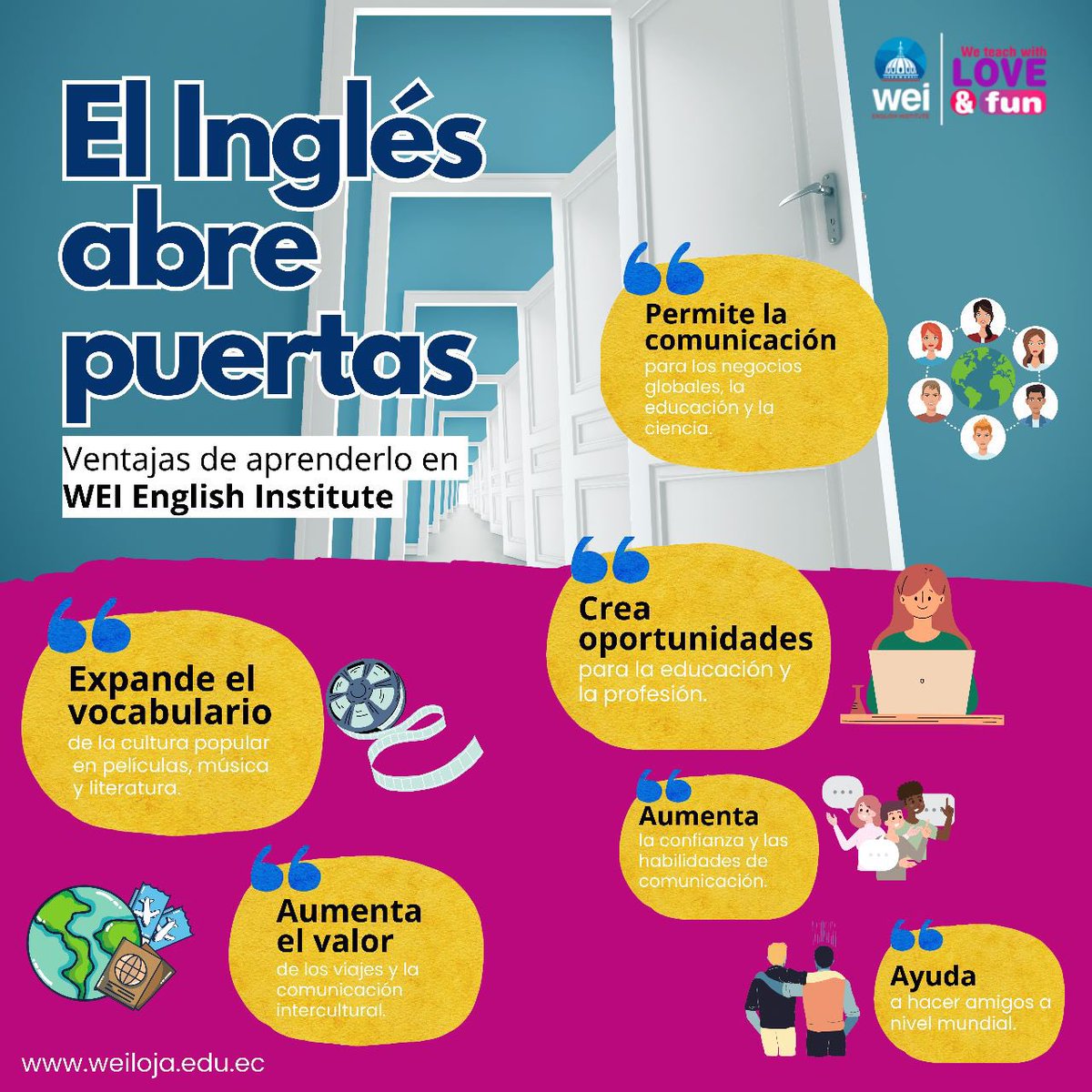 weiloja's tweet photo. Mejora tus habilidades de comunicación en inglés y abre un mundo de oportunidades😁.
Conoce las ventajas que tienes al ser parte de WEI English Institute. 👍
Enseñamos con amor y diversión😉 #loja https://t.co/sJnVnSiEHT